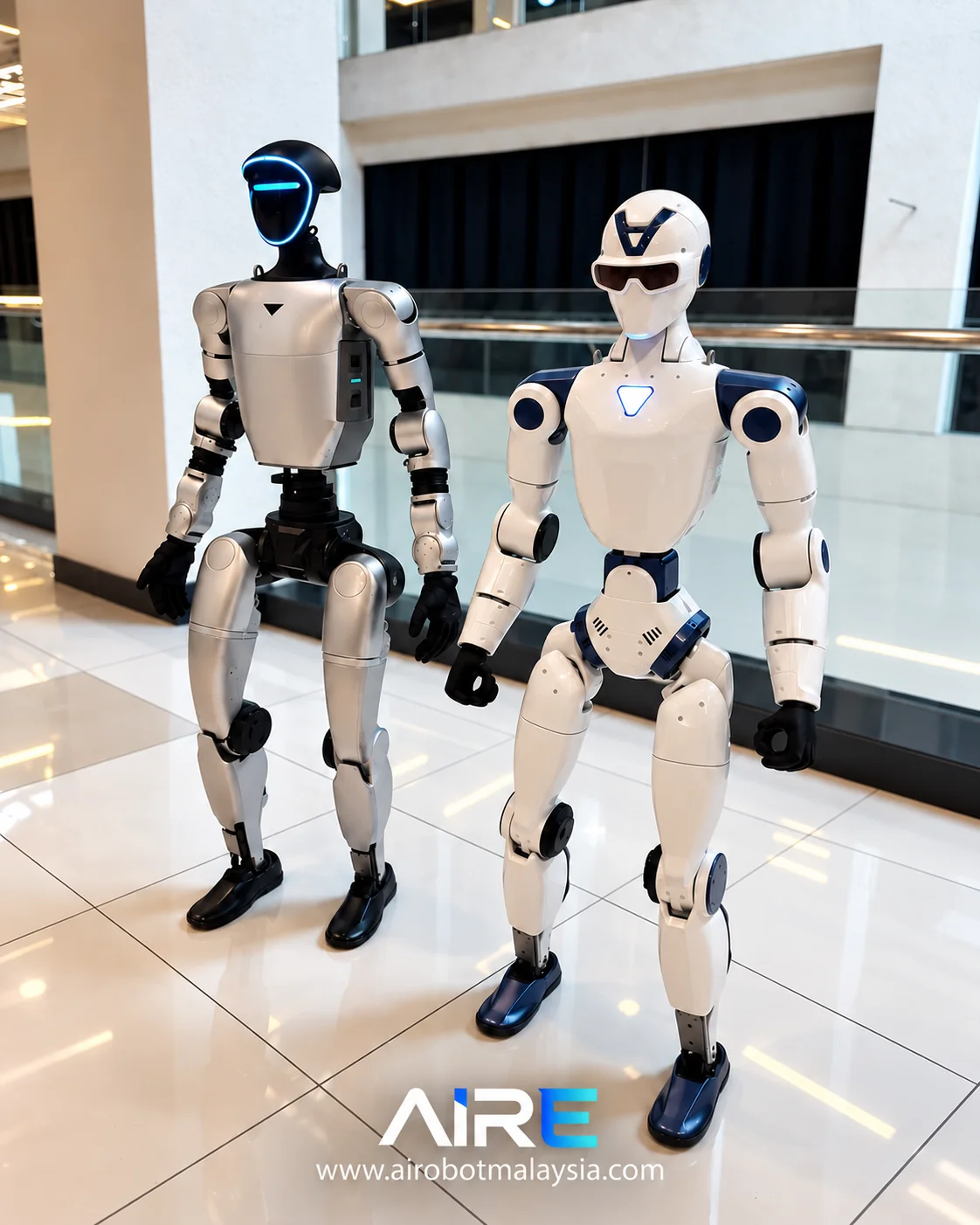 Unitree G1 and R1 standing together in a bright indoor venue